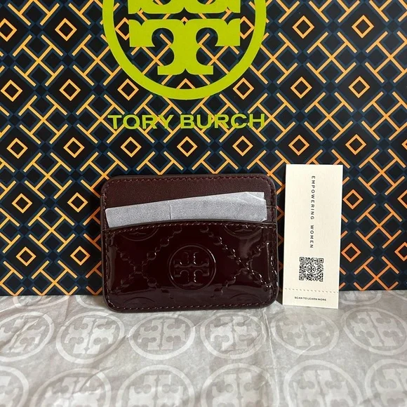 Tory Burch T Monogram Embossed Patent Leather Card Case Wallet Albarossa - Picture 2 of 8